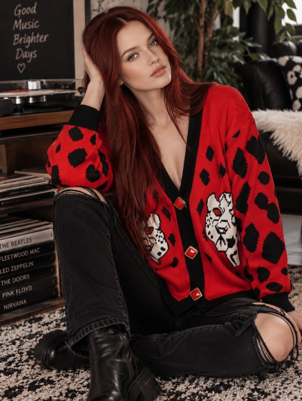 90s Red Parrot XL Red Leopard Vintage Cardigan Sweater Graphic Animal Print!